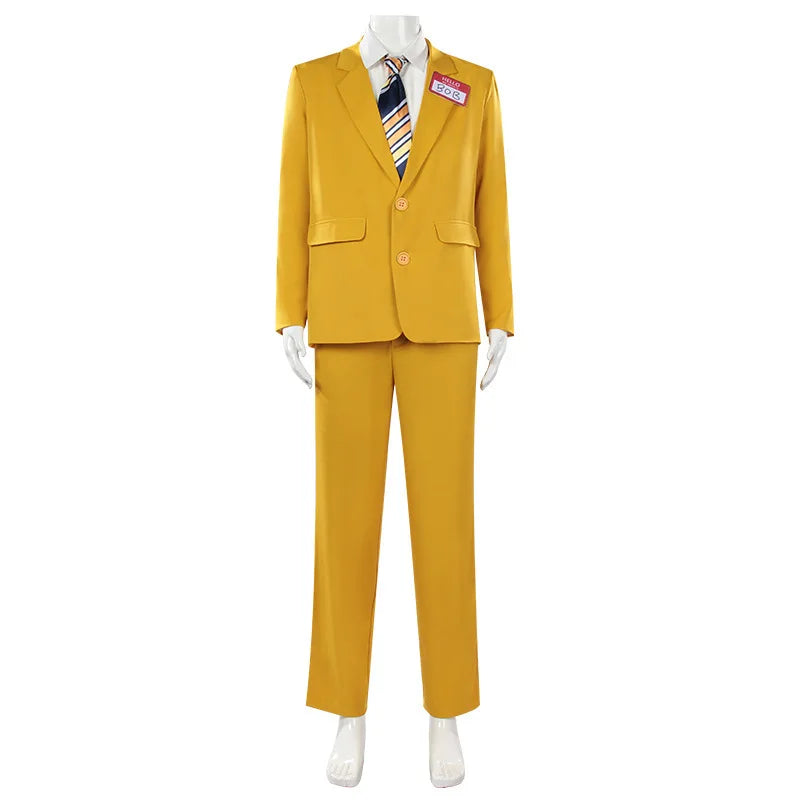 Men Horror Theme Yellow Suit Set Blazer Pants Shirt Tie Name Tag Outfit Halloween Carnival Stage Cosplay Costume