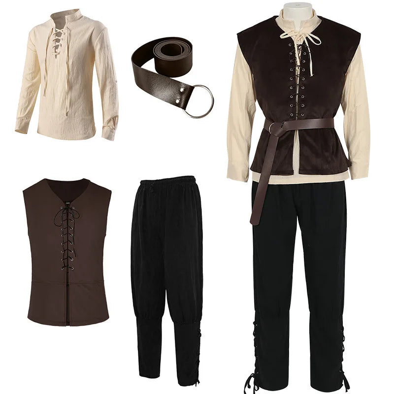 4 Pcs Men's Halloween Renaissance Costume Set Medieval Vest Shirt Ankle Banded Pants Viking Belt Armband Pouch