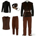 4 Pcs Men's Halloween Renaissance Costume Set Medieval Vest Shirt Ankle Banded Pants Viking Belt Armband Pouch