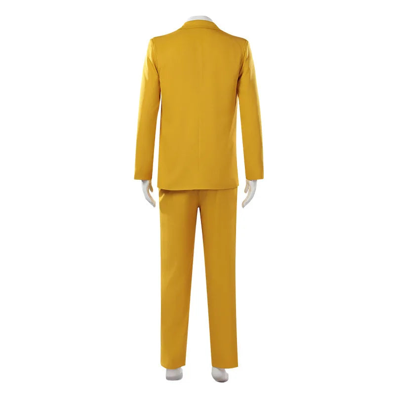 Men Horror Theme Yellow Suit Set Blazer Pants Shirt Tie Name Tag Outfit Halloween Carnival Stage Cosplay Costume