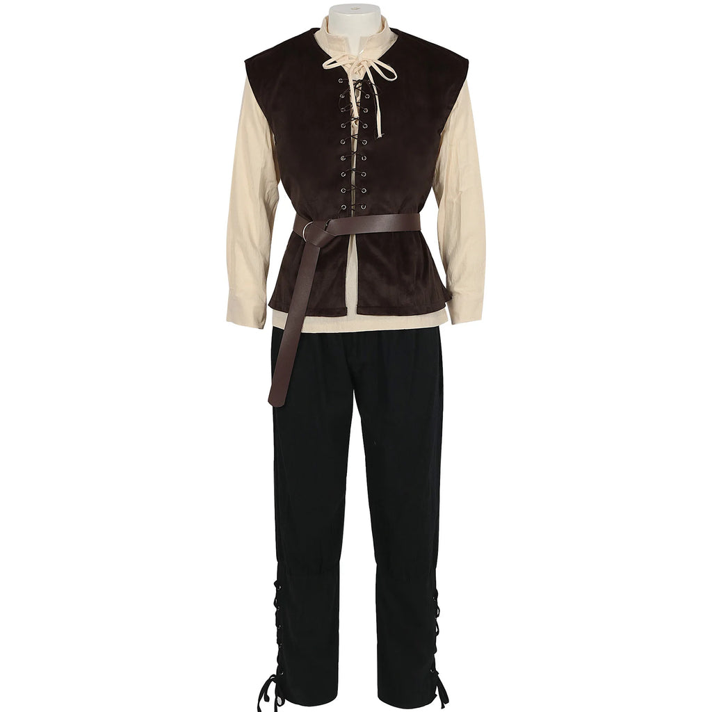 4 Pcs Men's Halloween Renaissance Costume Set Medieval Vest Shirt Ankle Banded Pants Viking Belt Armband Pouch