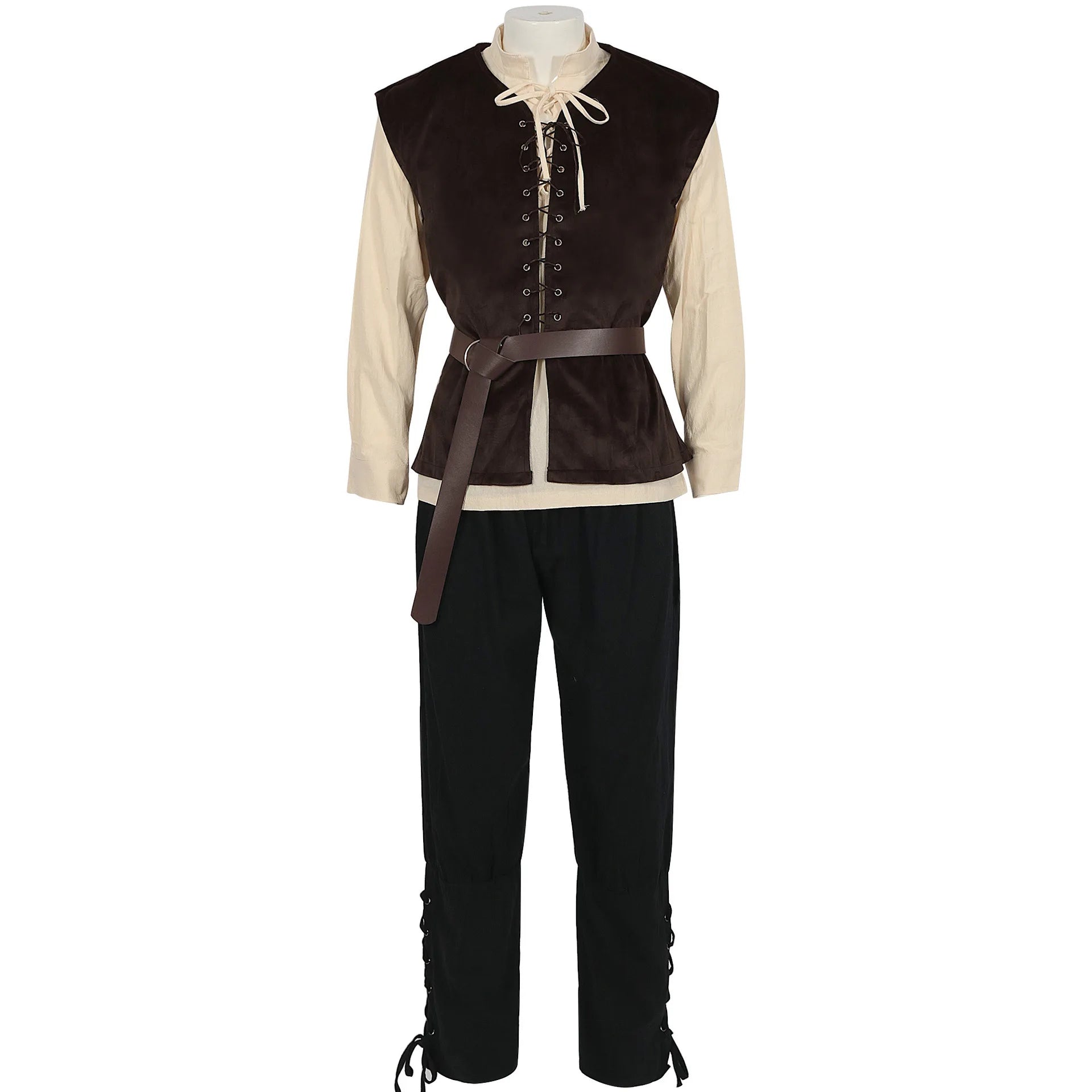 4 Pcs Men's Halloween Renaissance Costume Set Medieval Vest Shirt Ankle Banded Pants Viking Belt Armband Pouch