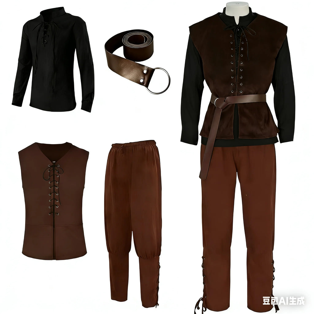 4 Pcs Men's Halloween Renaissance Costume Set Medieval Vest Shirt Ankle Banded Pants Viking Belt Armband Pouch