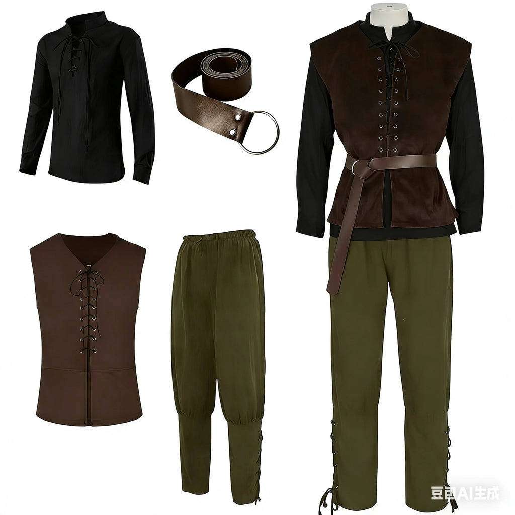 4 Pcs Men's Halloween Renaissance Costume Set Medieval Vest Shirt Ankle Banded Pants Viking Belt Armband Pouch
