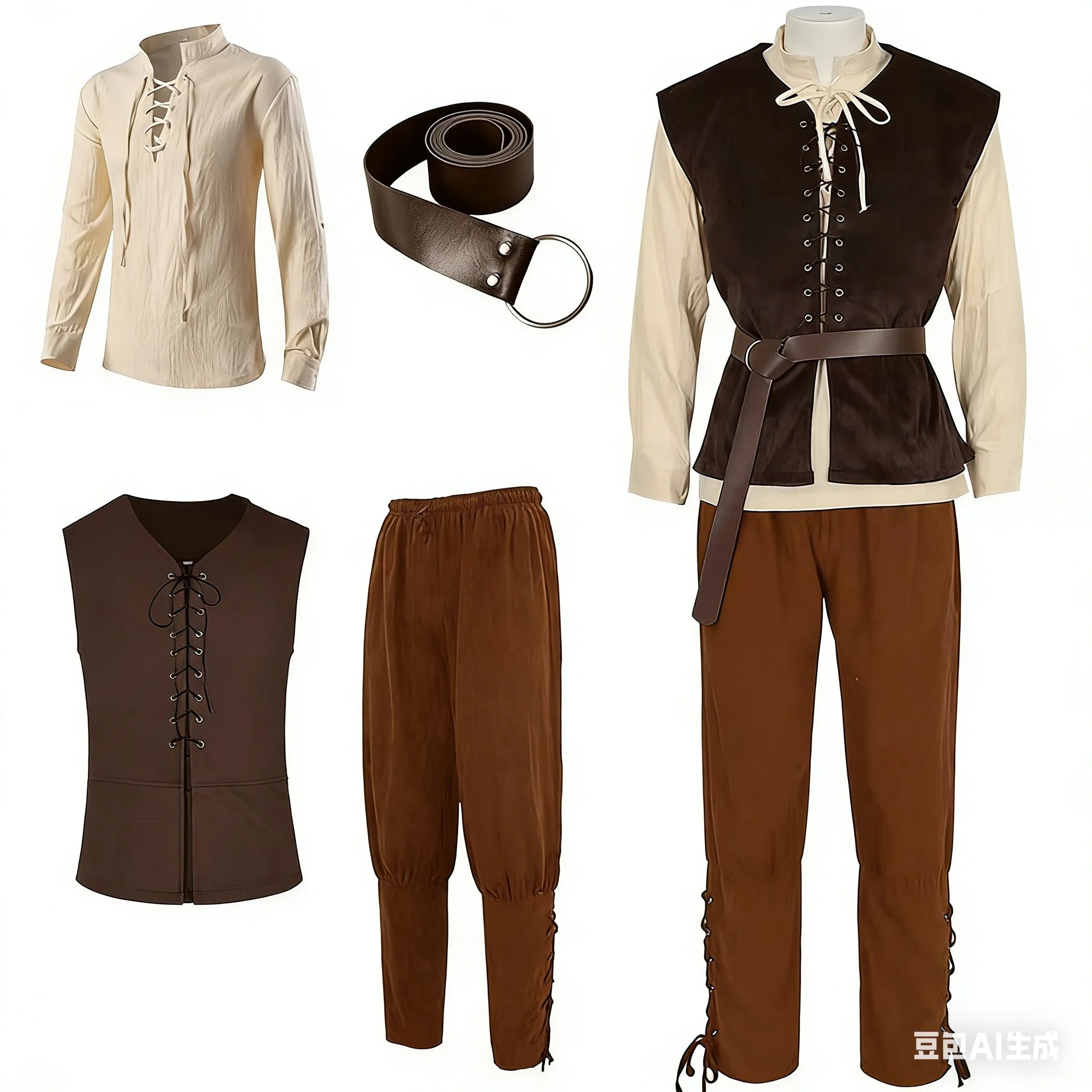 4 Pcs Men's Halloween Renaissance Costume Set Medieval Vest Shirt Ankle Banded Pants Viking Belt Armband Pouch