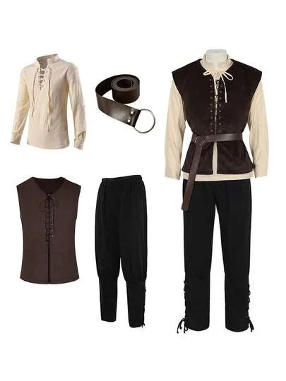 4 Pcs Men's Halloween Renaissance Costume Set Medieval Vest Shirt Ankle Banded Pants Viking Belt Armband Pouch