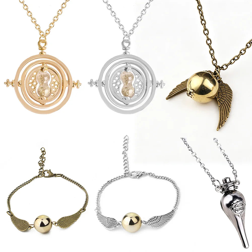 Harry Potter Themed Time Turner Hourglass Golden Snitch Wing Charms Magic Potion Bottle Cosplay Accessory Movie Collectible Gift