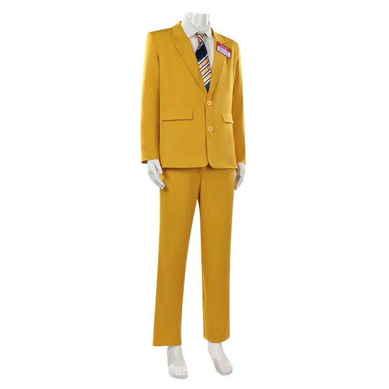 Men Horror Theme Yellow Suit Set Blazer Pants Shirt Tie Name Tag Outfit Halloween Carnival Stage Cosplay Costume