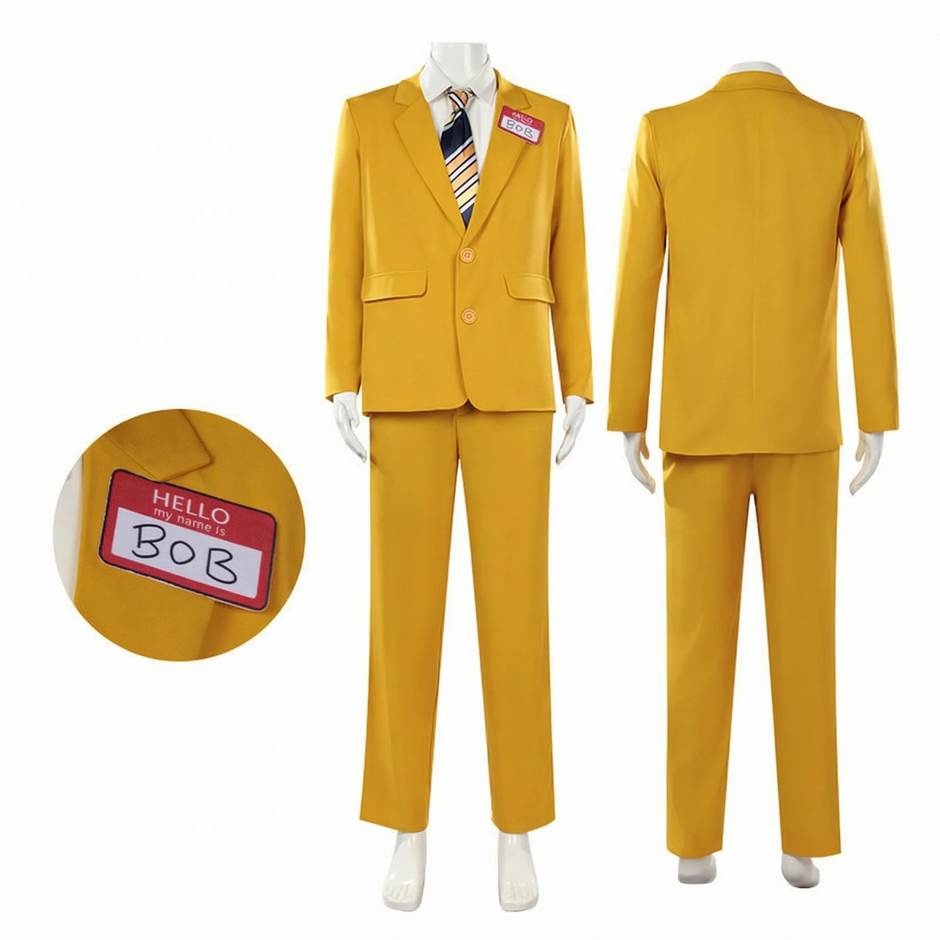Men Horror Theme Yellow Suit Set Blazer Pants Shirt Tie Name Tag Outfit Halloween Carnival Stage Cosplay Costume