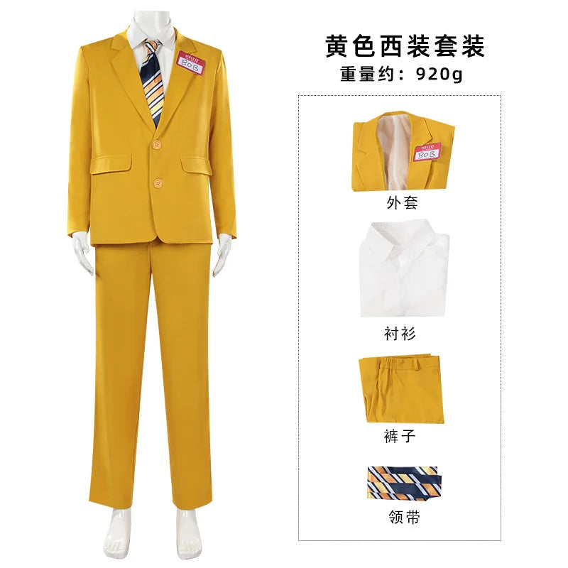 Men Horror Theme Yellow Suit Set Blazer Pants Shirt Tie Name Tag Outfit Halloween Carnival Stage Cosplay Costume